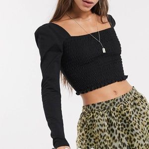 Black Long Sleeve Shirred Top Cropped Square neck